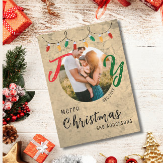 Modern Festive Family Photo Rustic Joy Holiday Card
