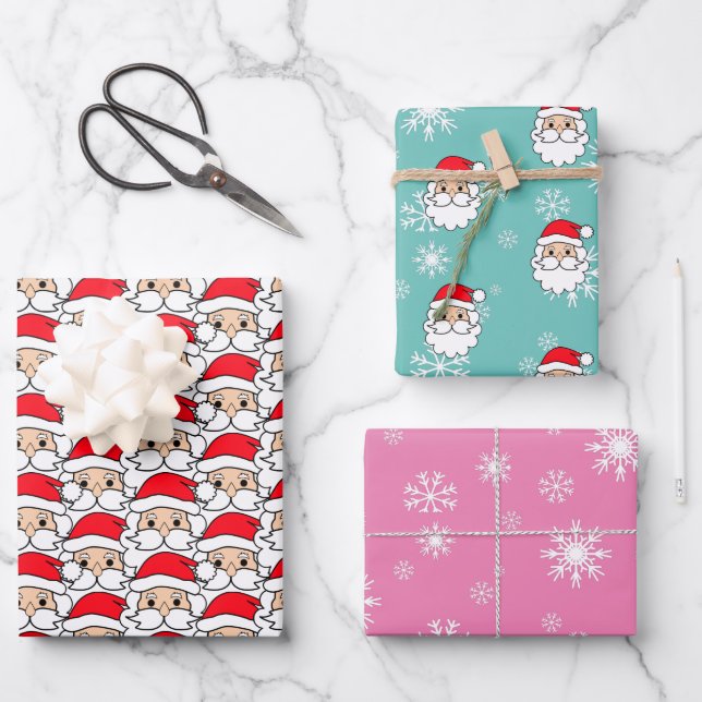 Modern Festive Funny Santa Face Pattern Wrapping Paper Sheet (Front)