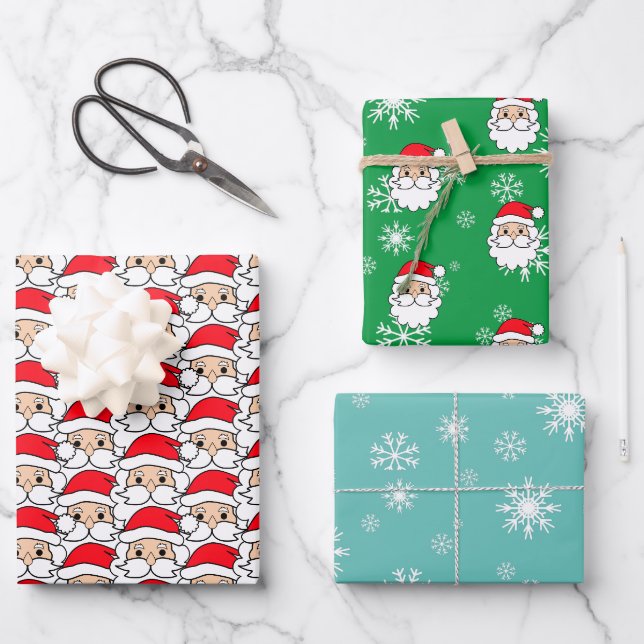 Modern Festive Funny Santa Face Pattern Wrapping Paper Sheet (Front)