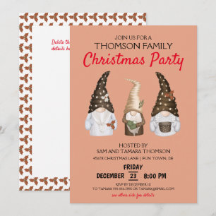 Modern Festive Gnomes Coral Christmas Party  Invitation