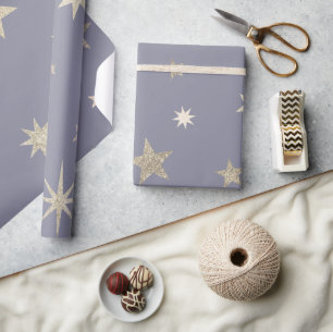 Modern Festive Grey Gold Star Roll  Wrapping Paper