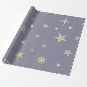 Modern Festive Grey Gold Star Roll  Wrapping Paper