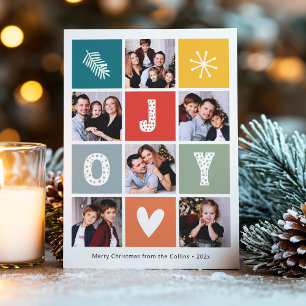 Modern Festive Joy Christmas 6 Photo Collage Holiday Card