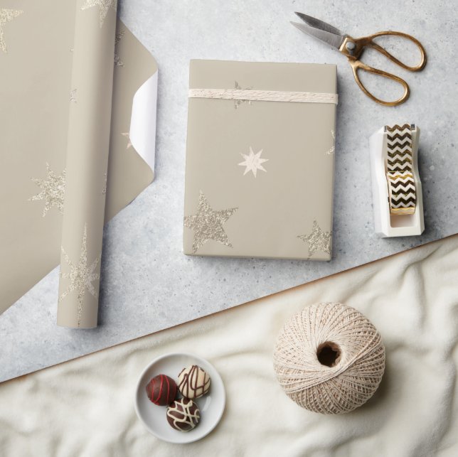Modern Festive Natural Beige Gold Stars Roll  Wrapping Paper (Crafts)