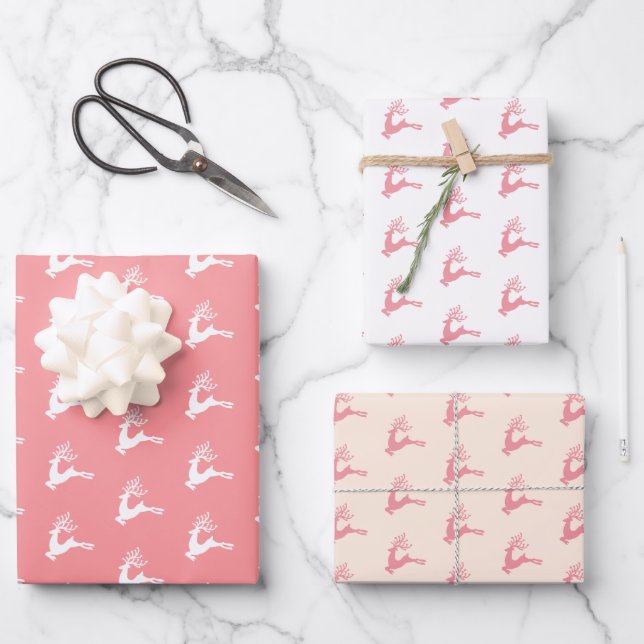 Modern Festive Nordic Christmas Deer Pink  Wrapping Paper Sheet (Front)