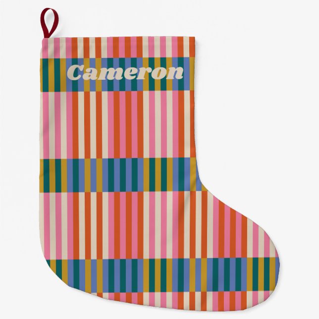 Modern Festive Plaid Striped Large Christmas Stocking (Front)