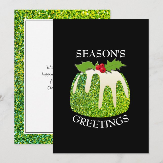 Modern Festive Pudding Green | GLITTER | Christmas Holiday Card (Front/Back)