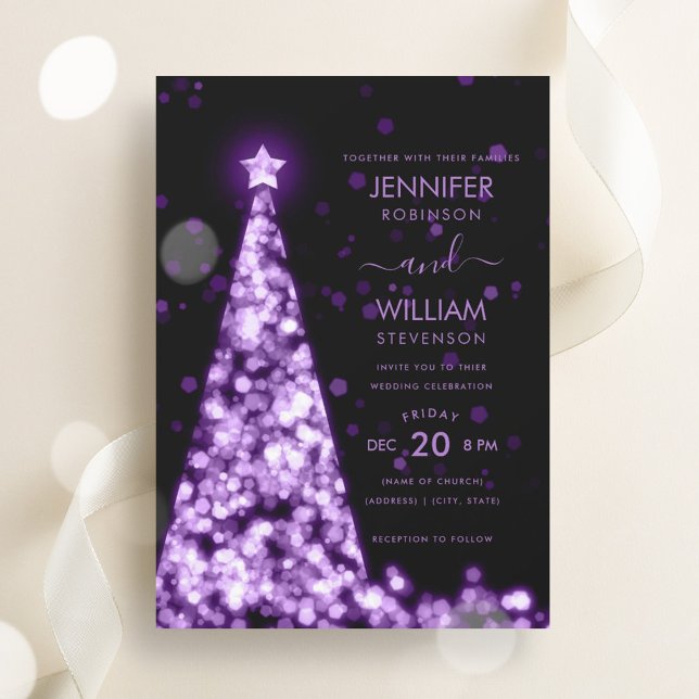 Modern Festive Purple Tree Christmas Wedding  Invitation (Modern Festive Purple Tree Christmas Wedding Invitation)