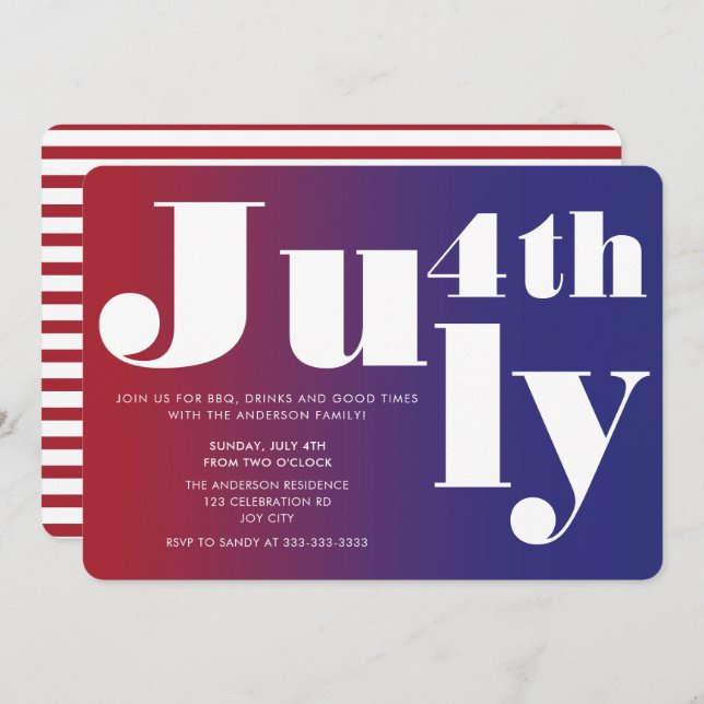 Modern Festive Red Blue Gradient 4th of July  Invitation (Front/Back)