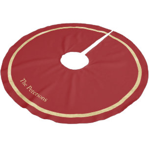 Modern Festive Red Gold Border Family Name Brushed Polyester Tree Skirt