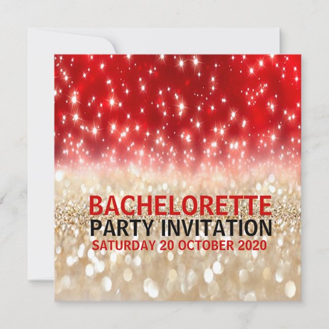 Modern Festive Red&Gold Sparkles Bachelorette Invitation (Front)