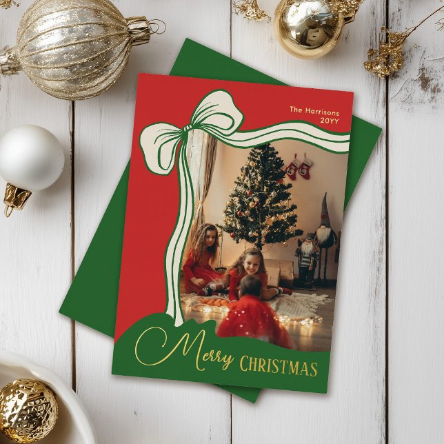 Modern Festive Red Green Photo Christmas  Foil Holiday Card (Creator Uploaded)