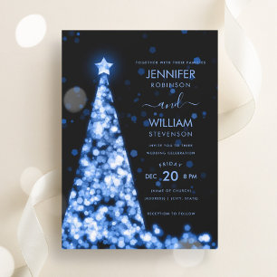 Modern Festive Script Blue Tree Christmas Wedding  Invitation