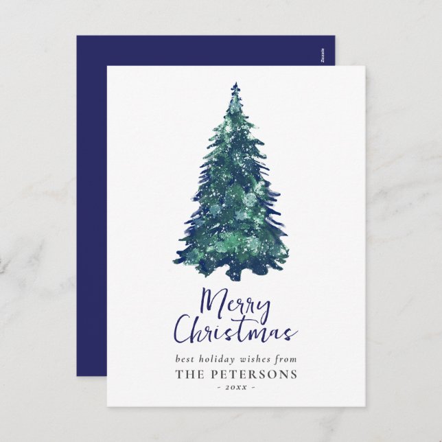 Modern Festive Snowy Blue Christmas Tree  Holiday Postcard (Front/Back)