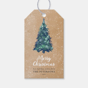 Modern Festive Snowy Green Christmas Tree Kraft Gift Tags