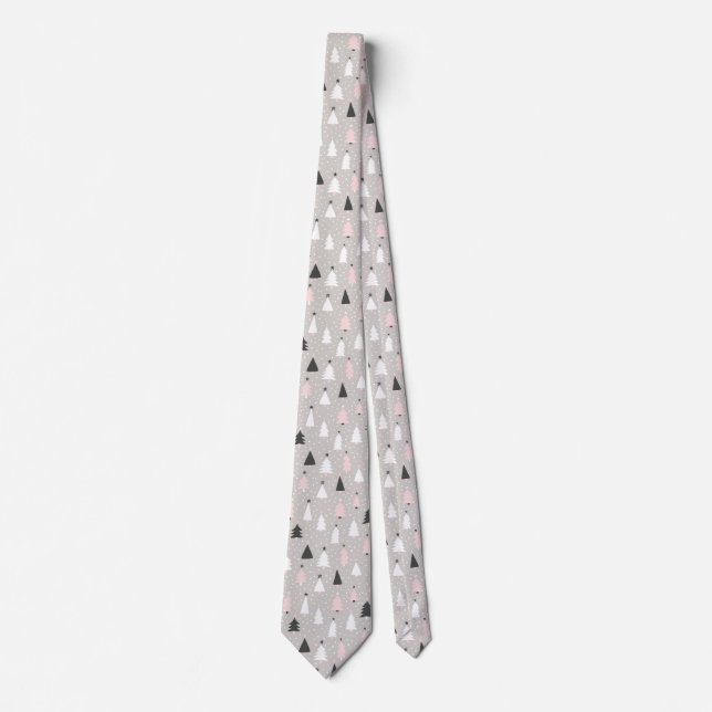 Modern Festive Trees and Falling Snow Pattern  Tie (Front)