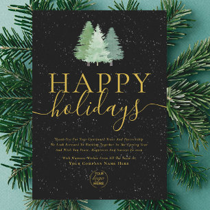 Modern Festive Trees Logo Business Black Gold Holiday Card