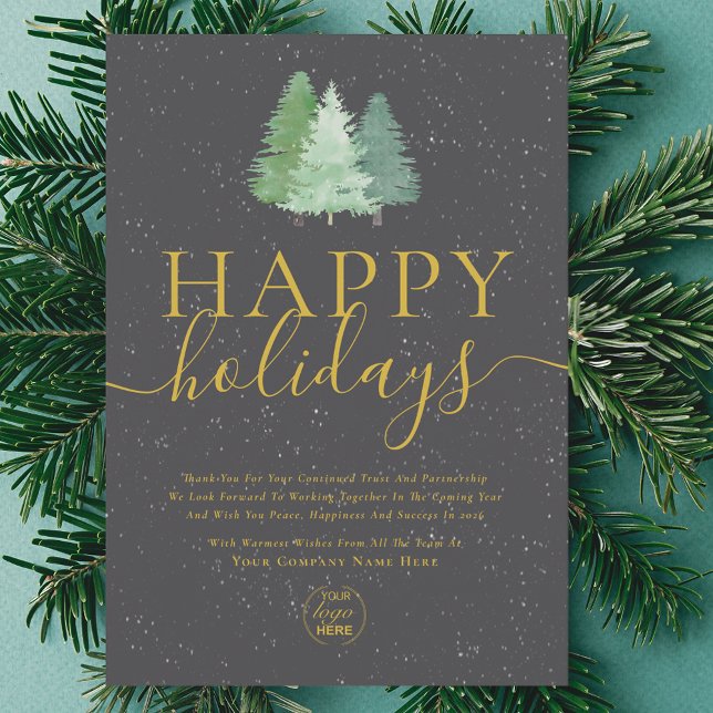 Modern Festive Trees Logo Business Grey Gold Holiday Card (Modern watercolor snowy christmas trees company logo business charcoal gray and gold holiday card)