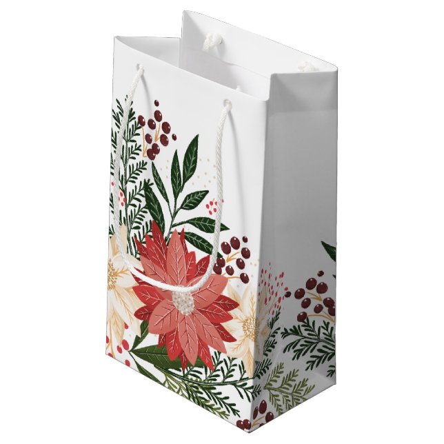 Modern Festive White Poinsettia Holiday Small Gift Bag (Back Angled)