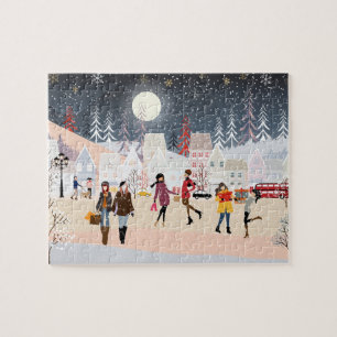 Modern Festive Winter Holidays Christmas Village Jigsaw Puzzle