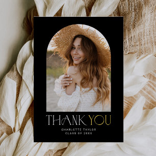 Modern Fete Black Gold Photo Arch Graduation Thank You Card