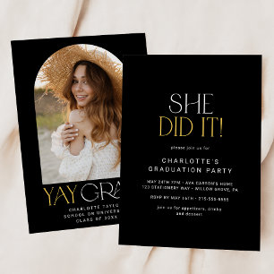 Modern Fete Black Gold She Did It Photo Graduation Invitation