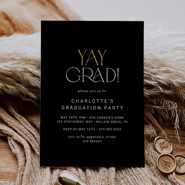 Modern Fete Black Gold Yay Grad Graduation Party Invitation (Creator Uploaded)