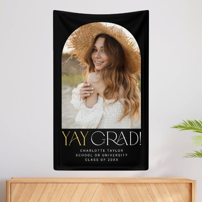 Modern Fete Black Gold Yay Grad Photo Graduation Banner (Creator Uploaded)