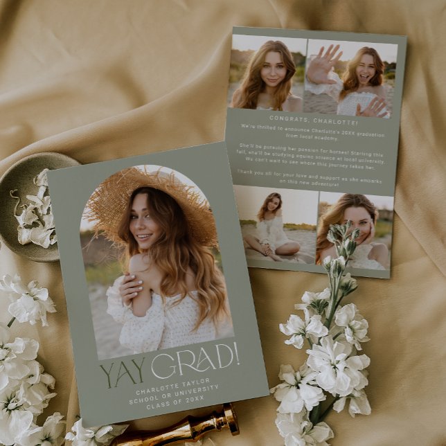 Modern Fete Green Yay Grad Photo Arch Graduation Announcement (Creator Uploaded)