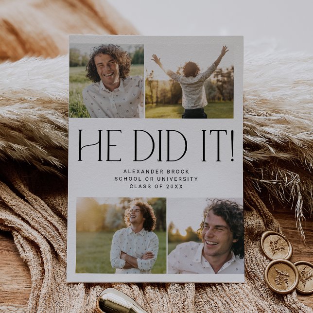 Modern Fete He Did It Photo Collage Graduation Announcement (Creator Uploaded)