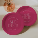 Modern Fete | Hot Pink She Did It Graduation Paper Plate<br><div class="desc">These modern fete hot pink she did it graduation paper plates are perfect for a simple grad party. The design features elegant boho typography with a touch of sophisticated style in bright and feminine hot pink.

Personalise your paper plates with the name of the graduate and class year.</div>