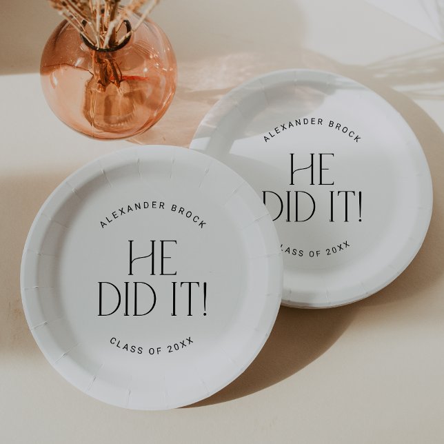 Modern Fete | Minimal He Did It Graduation Paper Plate (Creator Uploaded)