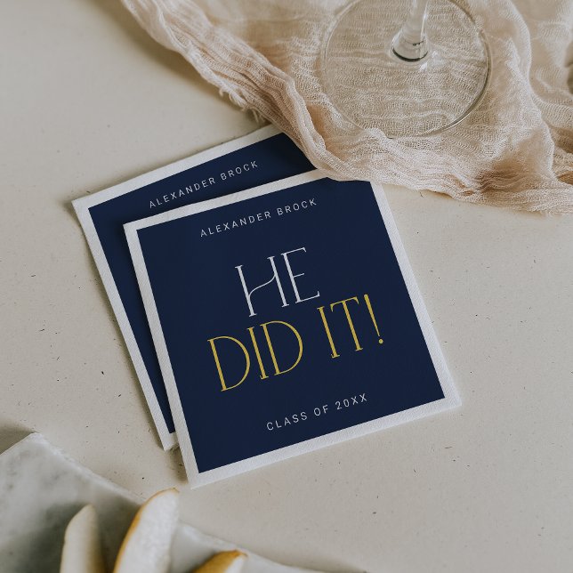 Modern Fete Navy Gold He Did It Graduation Napkin (Creator Uploaded)