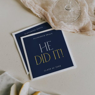 Modern Fete Navy Gold He Did It Graduation Napkin