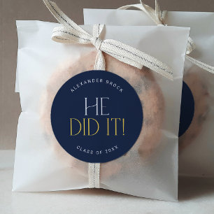 Modern Fete Navy Gold He Did It Graduation Sticker