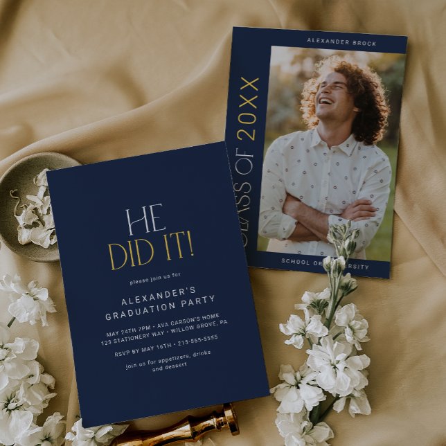 Modern Fete | Navy Gold He Did It Photo Graduation Invitation (Creator Uploaded)