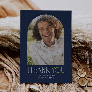 Modern Fete Navy Gold Photo Arch Graduation Thank You Card