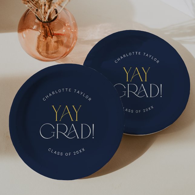 Modern Fete Navy Gold Yay Grad Graduation Paper Plate (Creator Uploaded)