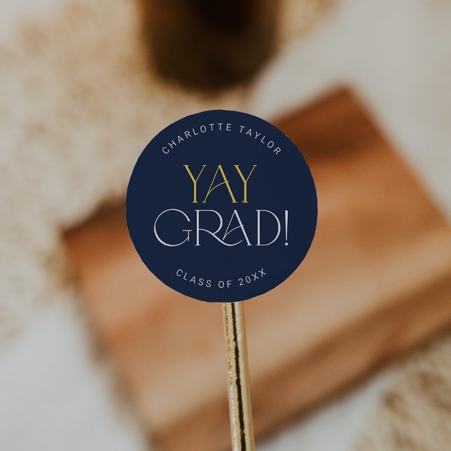 Modern Fete Navy Gold Yay Grad Graduation Sticker (Creator Uploaded)