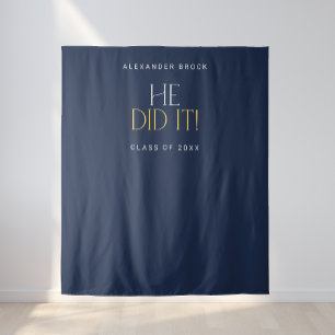 Modern Fete Navy He Did It Grad Photo Backdrop Tapestry