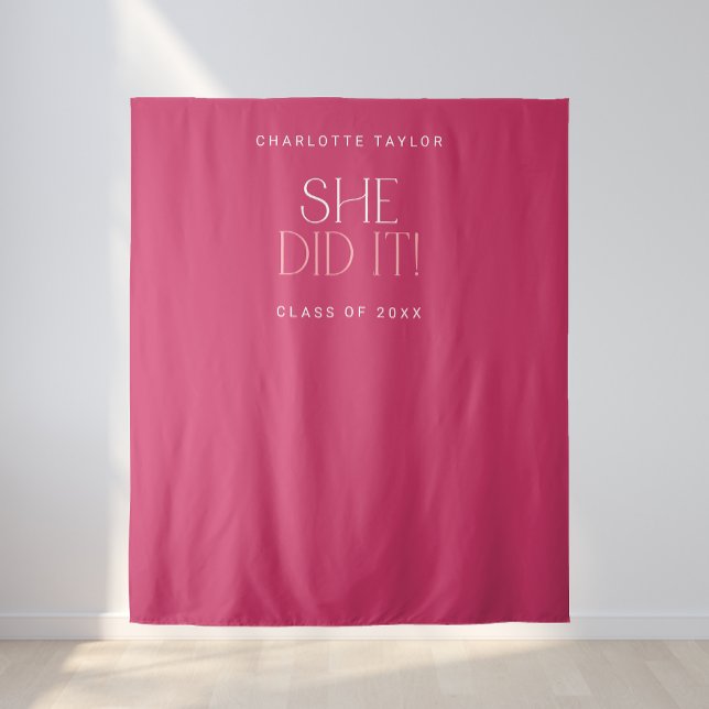 Modern Fete | Pink She Did It Grad Photo Backdrop Tapestry (Creator Uploaded)