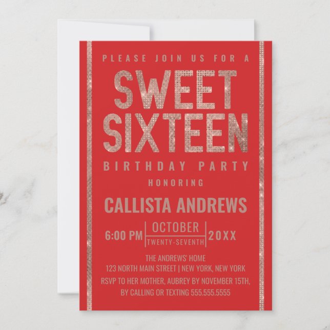 Modern Fiery Red Rose Gold Glitter Frame Sweet 16 Invitation (Front)