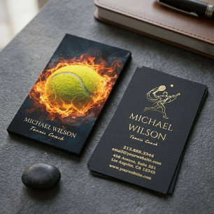 Modern Fiery Tennis Ball Black Gold Instructor     Business Card