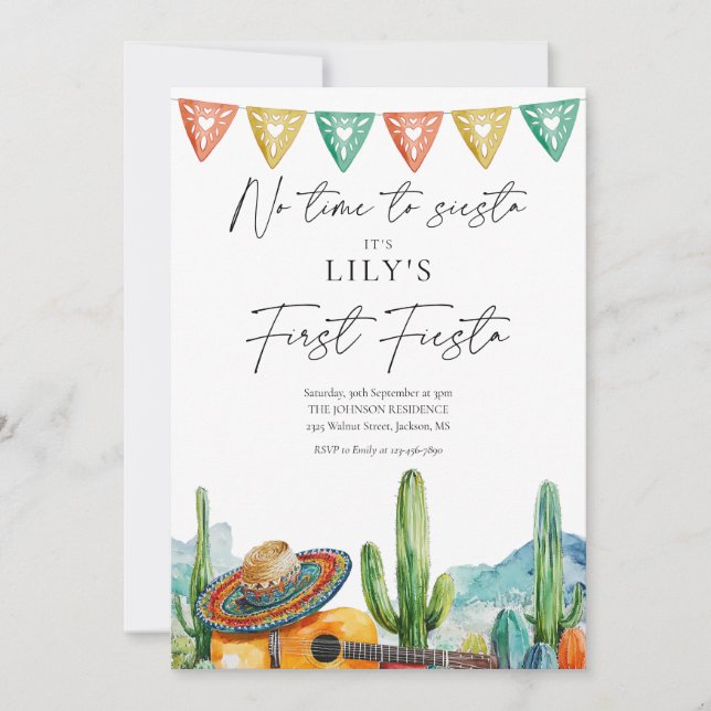 Modern Fiesta Watercolor Cactus 1st Birthday Invitation (Front)