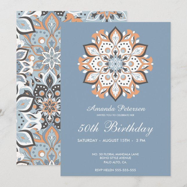 Modern Fifty 50th Birthday Elegant Floral Mandala Invitation (Front/Back)