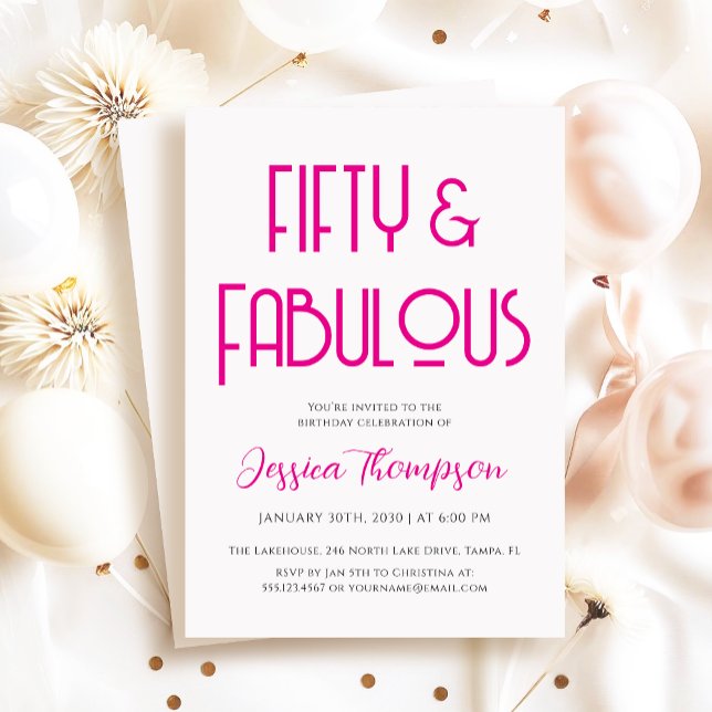 Modern Fifty and Fabulous Art Deco 50th Birthday Invitation (Elegant and modern Fifty & Fabulous art deco birthday party invitation)
