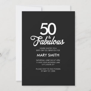 Modern Fifty and Fabulous Black 50th Birthday Invitation