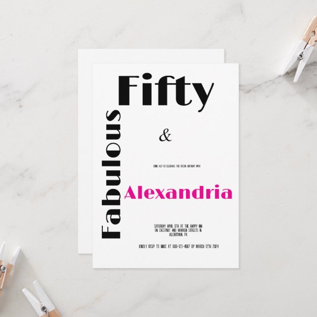 Modern Fifty and Fabulous black pink Birthday Invitation (Front/Back In Situ)