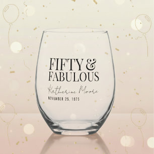 Modern Fifty and Fabulous Bold 50th Birthday Party Stemless Wine Glass