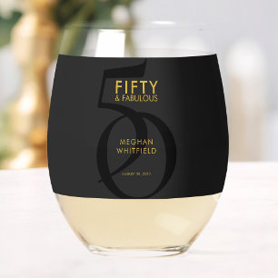 Modern Fifty and Fabulous Bold 50th Birthday Party Stemless Wine Glass